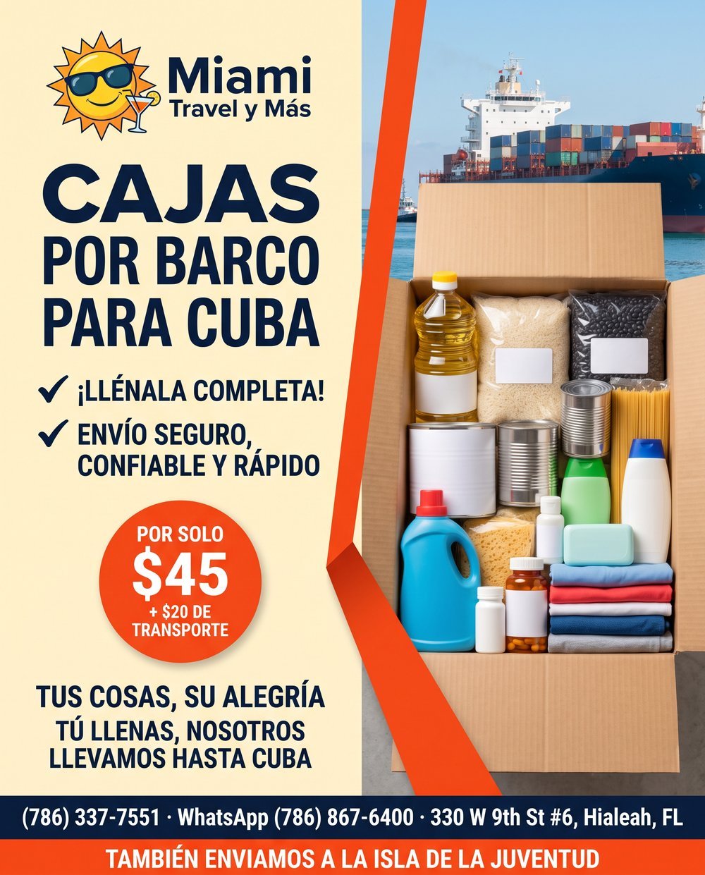 Cajas por barco para Cuba por solo $45 + $20 de transporte